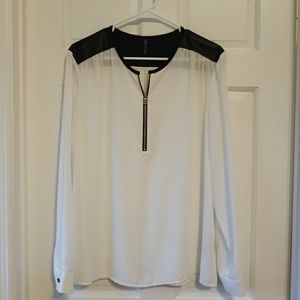 NYDJ long sleeve blouse with faux leather trim